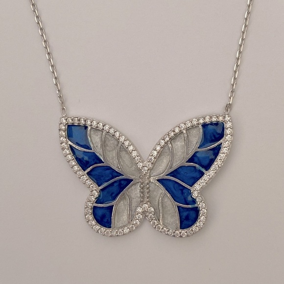 🦋925 Silver butterfly necklace cz blue handmade enamel - Picture 1 of 5